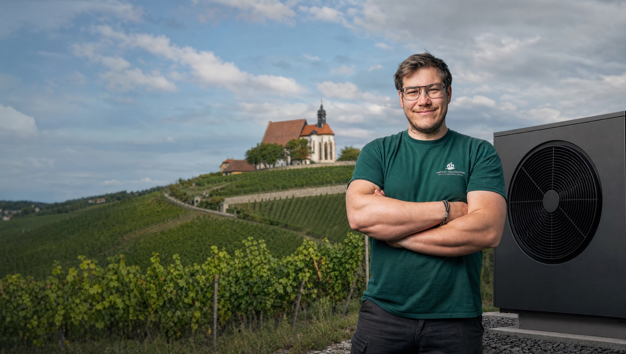Heizungsmeister Nico Wehner neben einer Wärmepumpe, im Hintergrund Maria im Weingarten bei Volkach
